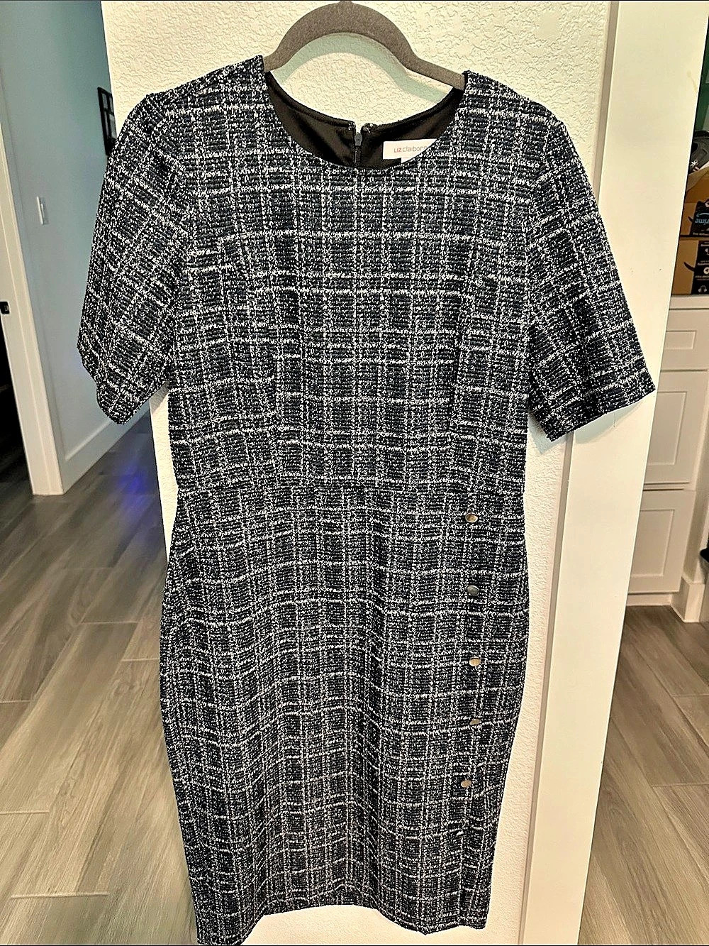 Liz Claiborne Plaid Short Sleeve Midi Dress in Black, Green & White Size 10